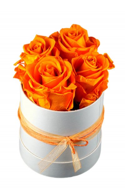 4 orange haltbare Rosen in Hutschachtel