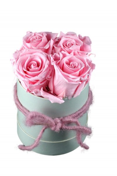4 rosa haltbare Rosen in Hutschachtel