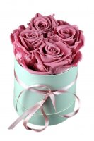 4 altrosafarbenen haltbare Rosen in Hutschachtel